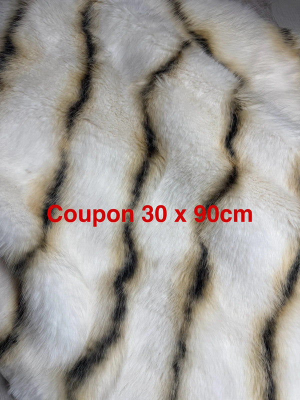 🧸 Coupon Fausse Fourrure blanc rayé marron – Poils Longs 2.5/3 cm – 30x90 cm ✂️✨