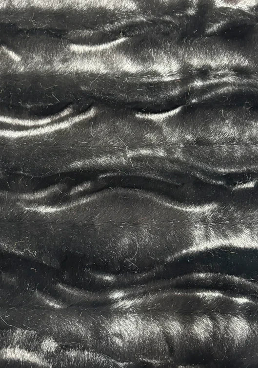 Soft, textured, high-quality black faux fur fabric piece, medium pile, 43cm x 106cm