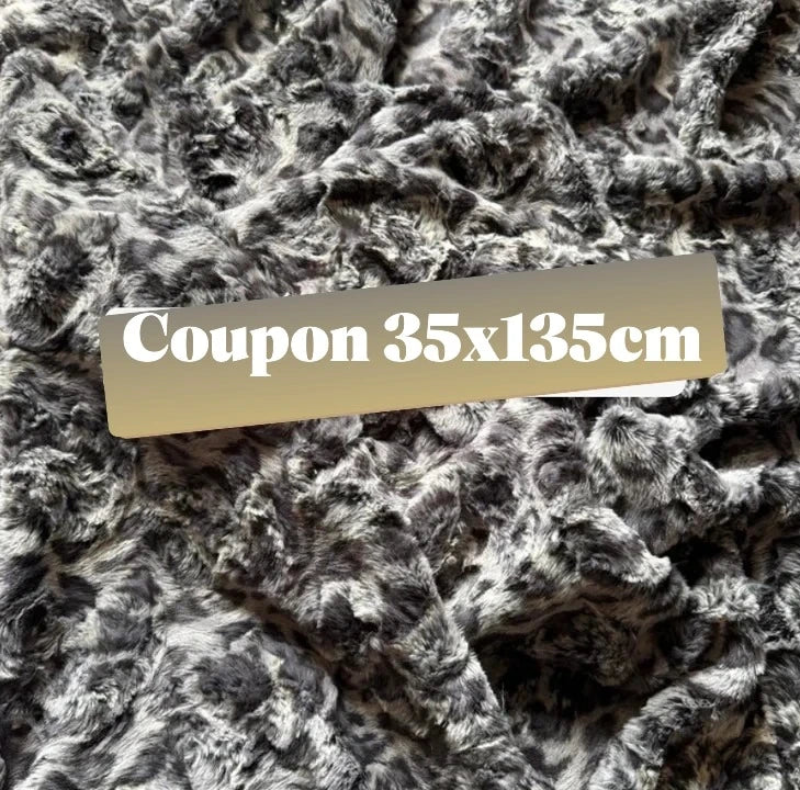 Coupon tissu fausse fourrure texturée bouclée à poils courts gris noir 35cm x 135cm