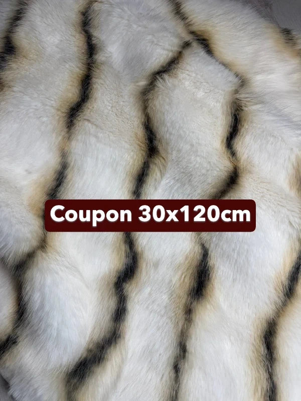 Coupon tissu très doux fausse fourrure à poils longs blanc rayé marron 30cm x 120cm