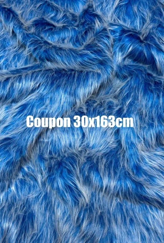 Coupon tissu très doux fausse fourrure à poils longs bleu à mèches blanches 30cm x 163cm