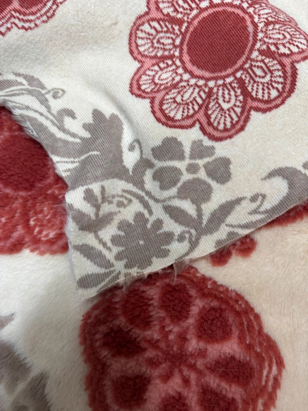 Fausse fourrure originale beige & rouge – Motif fleurs vintage 60x77cm