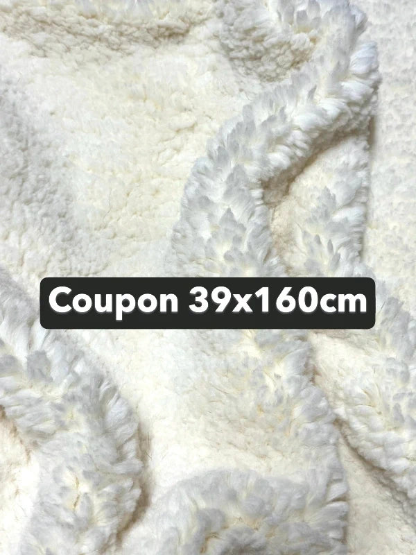 Soft and thick faux fur fabric coupon with cream white curly medium-length hair 39cm x 160cm