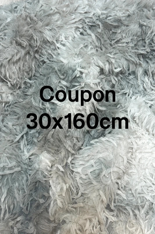Coupon tissu fausse fourrure douce effets plumes à poils longs gris clair blanc 30cm x 160cm