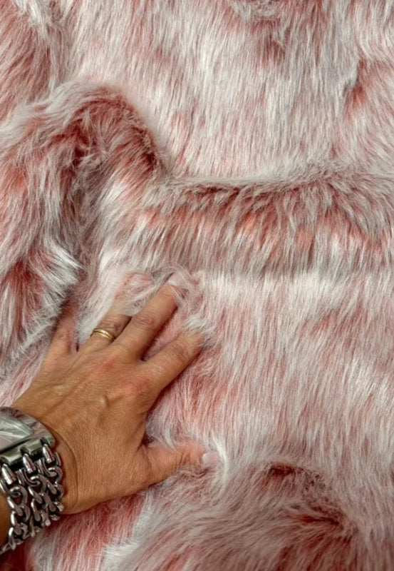 Salmon pink faux fur fabric remnant, very soft with long white-tipped pile, 34cm x 96cm