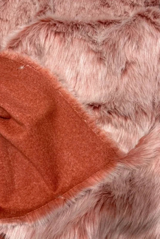 Salmon pink faux fur fabric remnant, very soft with long white-tipped pile, 34cm x 96cm