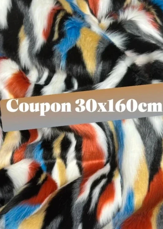 Coupon tissu fausse fourrure originale multicolore à poils mi-longs 30cm x 160cm