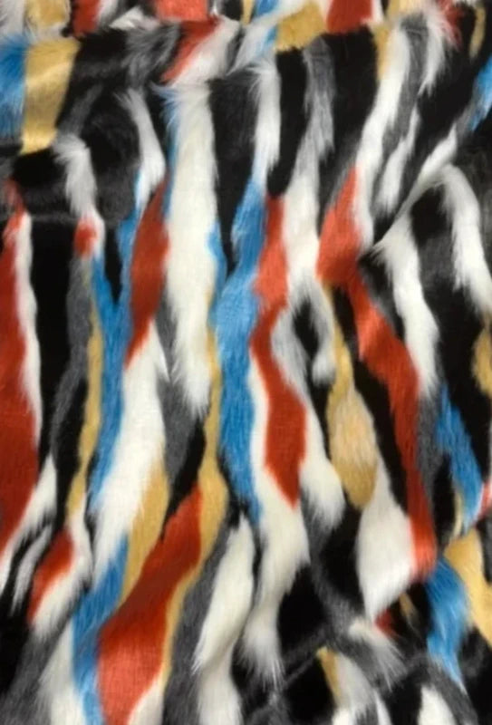 Coupon tissu fausse fourrure originale multicolore à poils mi-longs 30cm x 160cm