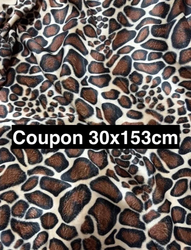 Coupon tissu fausse fourrure légère et ras à poils courts imprimée marron beige noir 30cmx153cm