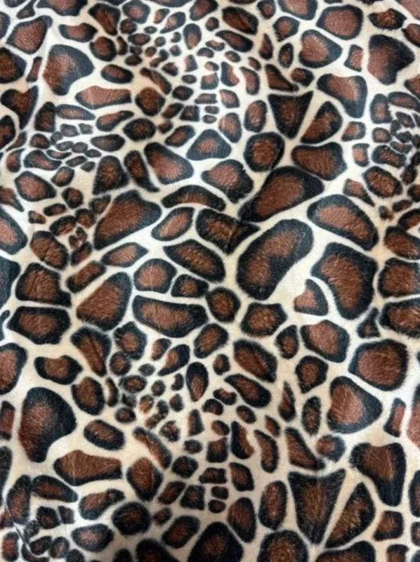 Coupon tissu fausse fourrure légère et ras à poils courts imprimée marron beige noir 30cmx153cm