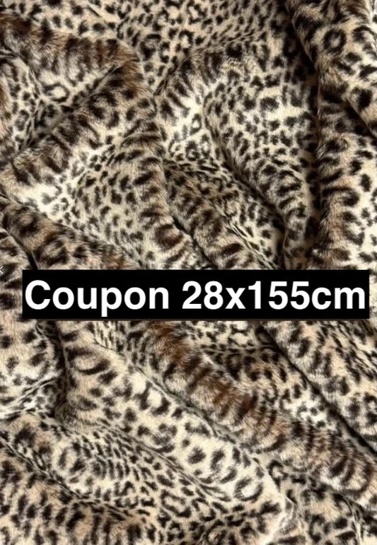 Coupon tissu fausse fourrure de qualité imprimée beige noir à poils mi-longs 28cm x 155cm