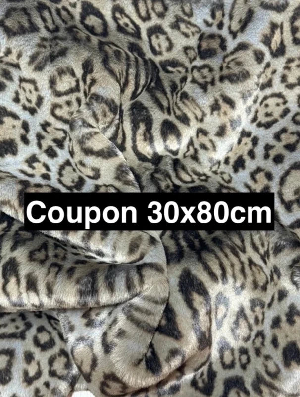 Coupon tissu fausse fourrure à poils moyens gris/marron imprimé 30cm x 80cm