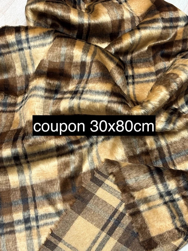 Coupon tissu fausse fourrure douce légère à poils courts tartan carreaux marron 30cmx80cm