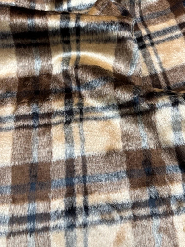 Coupon tissu fausse fourrure douce légère à poils courts tartan carreaux marron 30cmx80cm