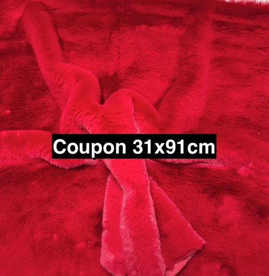Soft, thick, high-quality cherry red faux fur fabric remnant with medium-length pile, 31cm x 91cm