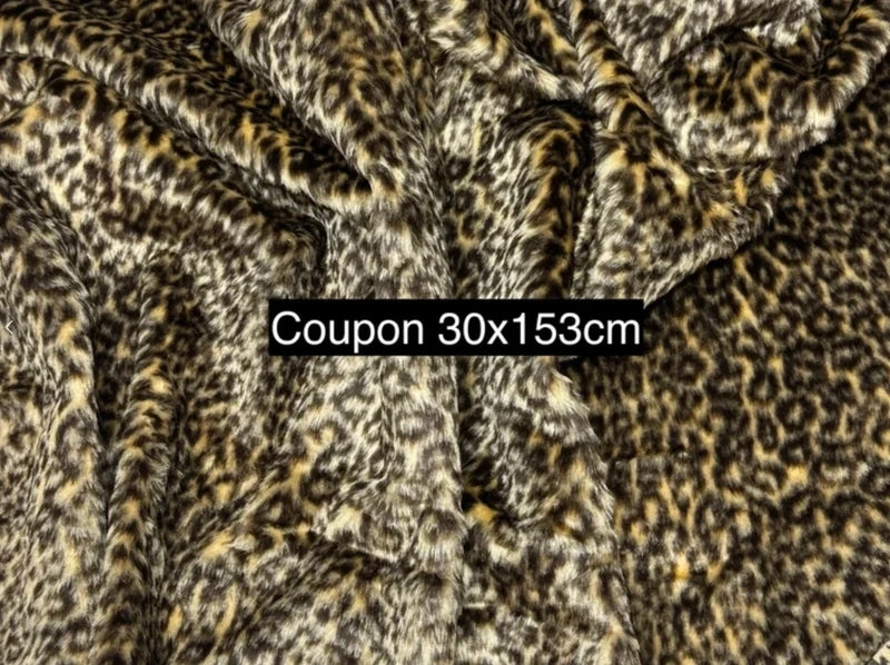 Coupon tissu fausse fourrure douce et légère à poils mi-longs imprimée marron et beige 30cm x 153cm
