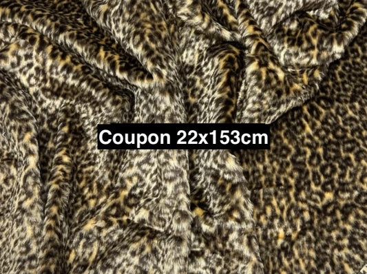 Soft and light faux fur fabric remnant with medium-length pile, brown and beige print, 22cm x 153cm