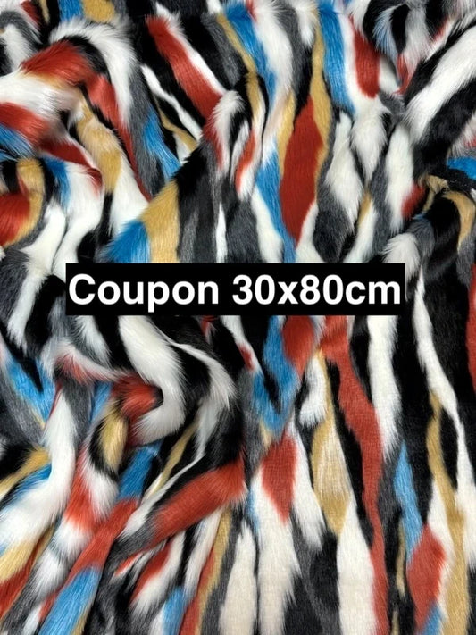 Coupon tissu fausse fourrure originale multicolore à poils mi-longs 30cm x 80cm