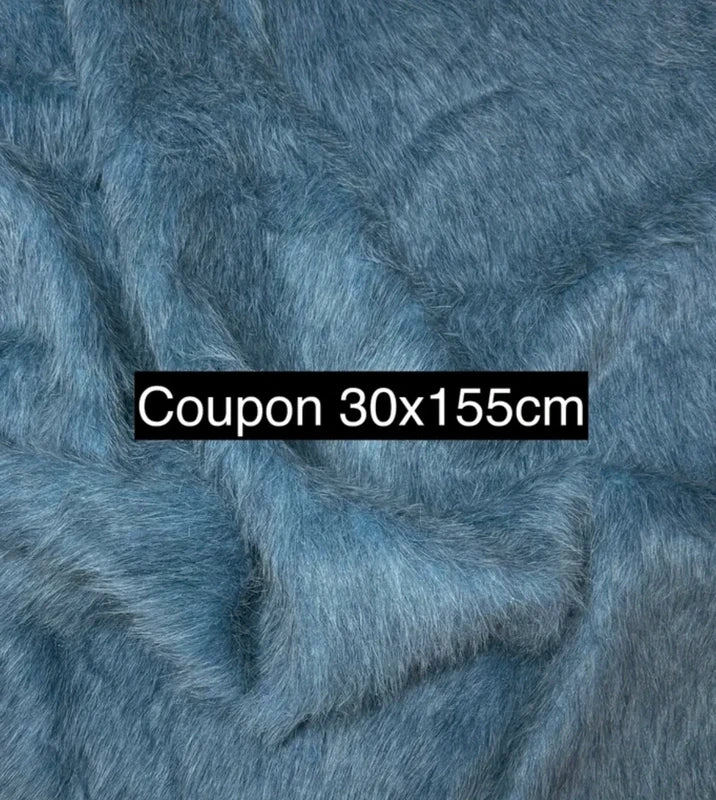 Coupon tissu très doux fausse fourrure légère à poils mi-longs bleu 30cm x 155cm