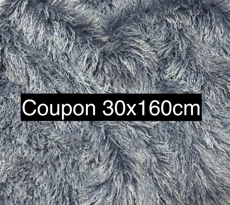 Coupon tissu fausse fourrure frisée bleu mèches blanches très douce à poils longs 30cm x 160cm