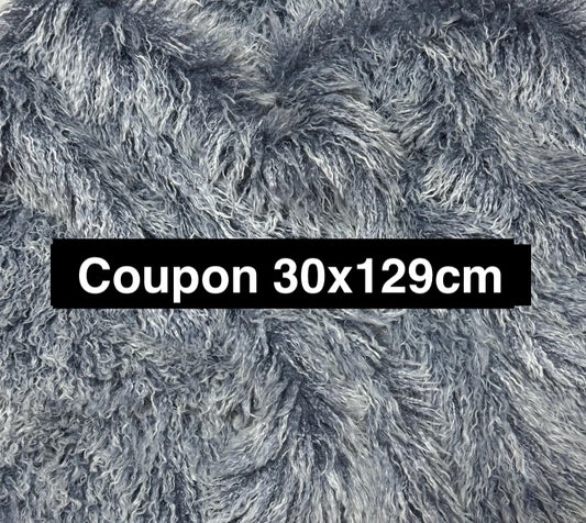 Blue curly faux fur fabric piece, very soft with long white hairs, 30cm x 129cm