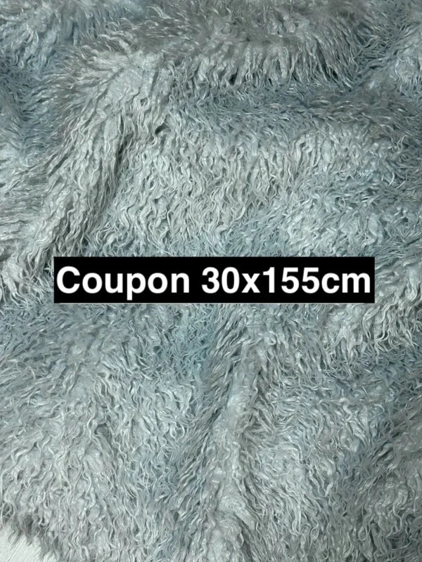 Coupon tissu fausse fourrure frisée bleu clair menthe très douce à poils longs 30cm x 155cm