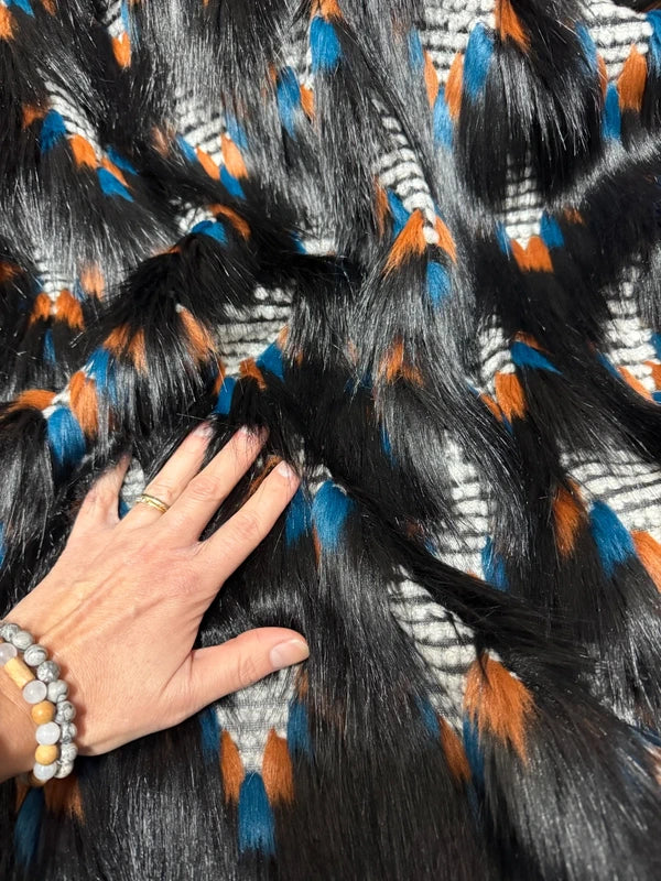 Coupon tissu fausse fourrure originale texturé à poils longs noir bleu marron 30cm x 157cm