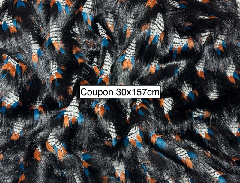 Coupon tissu fausse fourrure originale texturé à poils longs noir bleu marron 30cm x 157cm