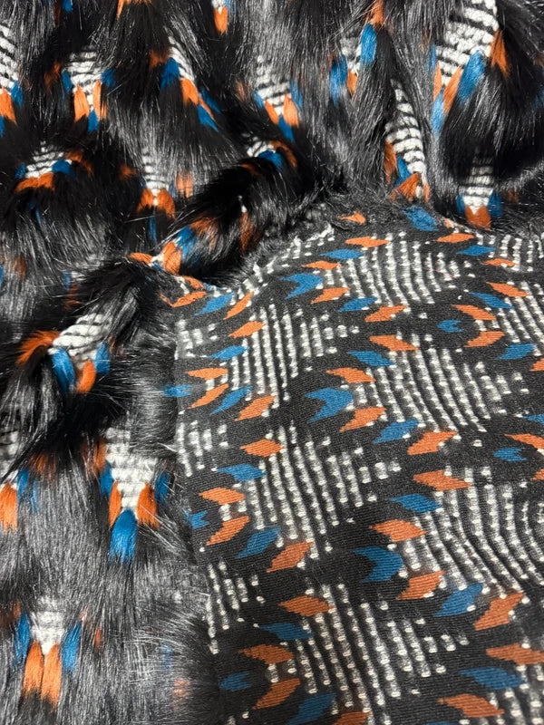 Coupon tissu fausse fourrure originale texturé à poils longs noir bleu marron 30cm x 157cm