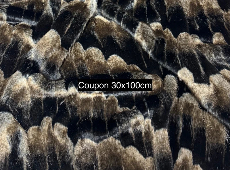 Coupon tissu fausse fourrure originale à poils mi-longs noir marron 30cm x 100cm