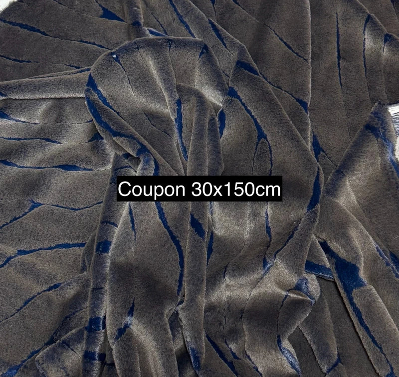 Coupon tissu fausse fourrure originale marron bleu marine à poils courts 30cm x 150cm