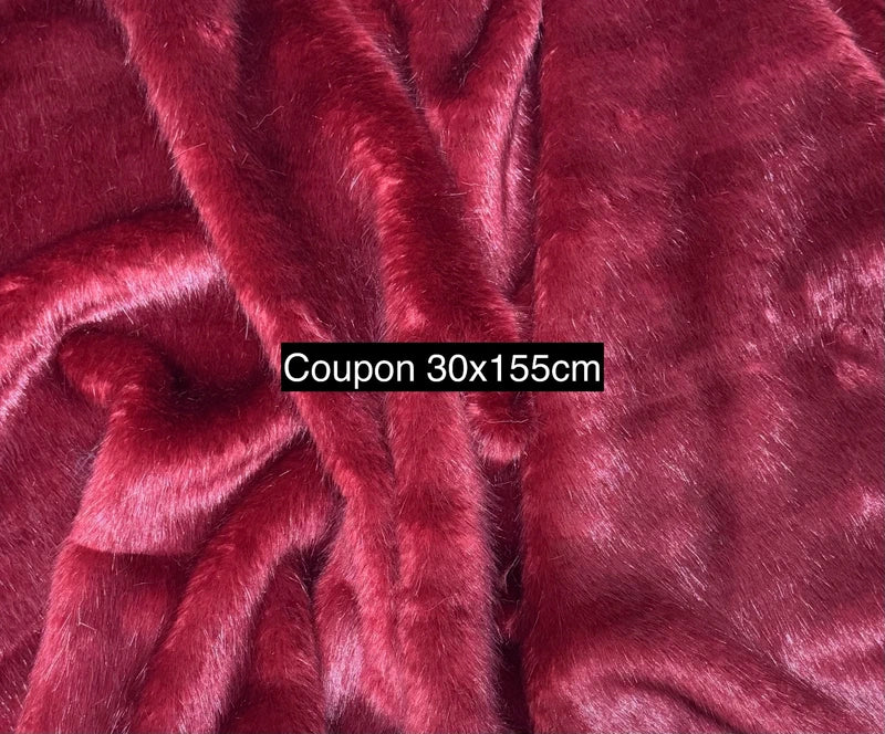 Coupon tissu fausse fourrure douce épaisse de qualité rouge bordeaux à poils mi-longs 30cm x 155cm