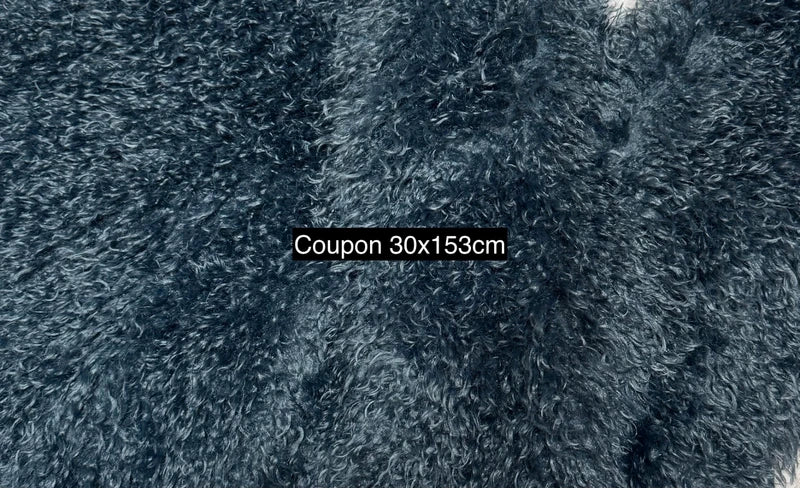 Coupon tissu fausse fourrure souple et frisé à poils longs gris bleu 30cm x 153cm