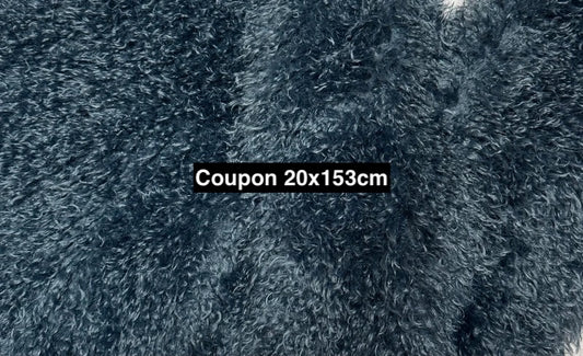 Soft and curly long pile faux fur fabric remnant, grey-blue, 20cm x 153cm