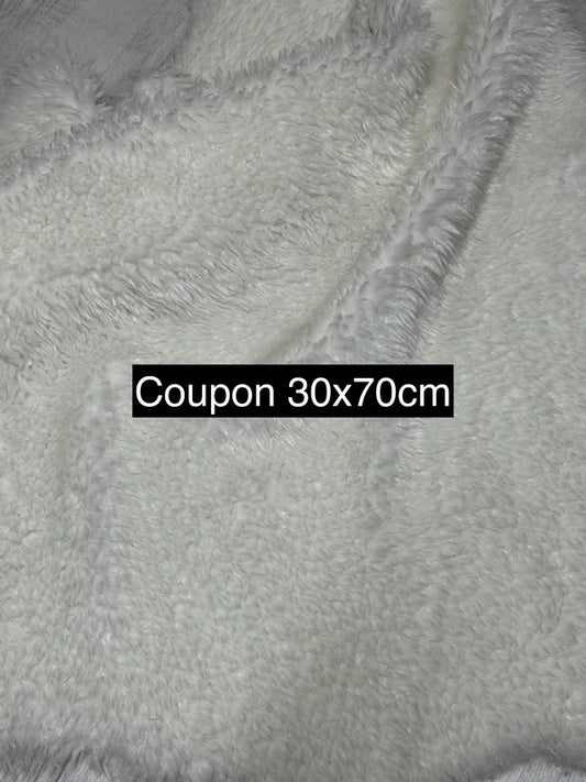 Coupon tissu fausse fourrure douce à poils mi-longs frisés blanc 30cm x 70cm