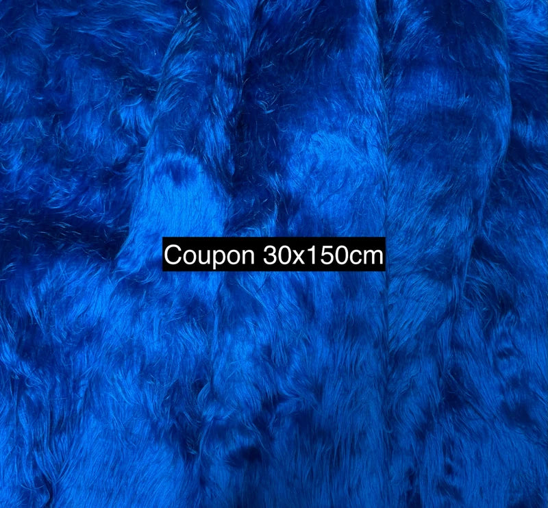 Coupon fausse fourrure bleue – poils longs ondulés 3 à 4 cm – 30 × 150 cm