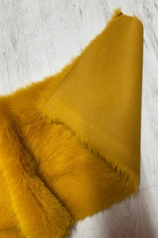 Coupon bande tissu fausse fourrure douce, épaisse à poils longs jaune moutarde miel 26cm x60cm