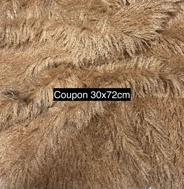 Coupon tissu fausse fourrure douce à poils longs frisé beige marron clair 30cmx72cm