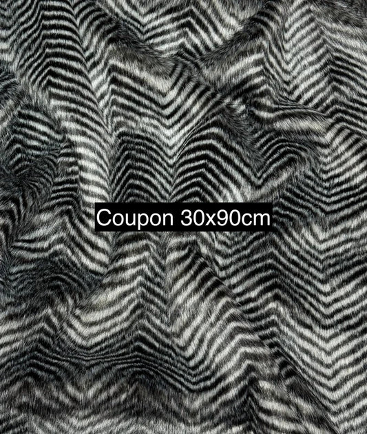 Fausse fourrure gris et noir poils longs effet chevrons – Coupon 30x90 cm