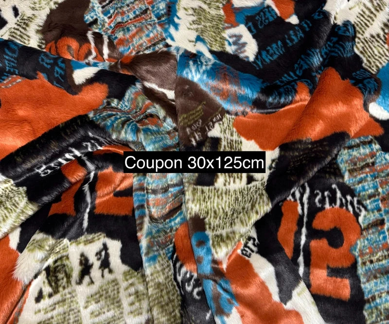 Fausse fourrure imprimée effet BD – Douce – Poils mi-longs 1,5 cm – Coupon 30×125 cm