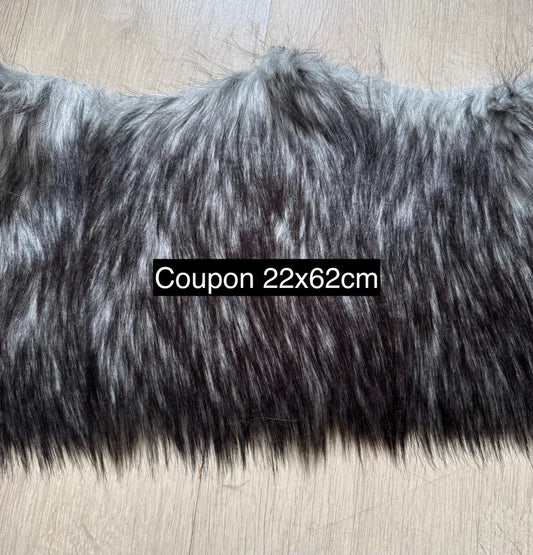 Coupon tissu de qualité fausse fourrure à poils longs doux gris et noir 22cm x 162cm