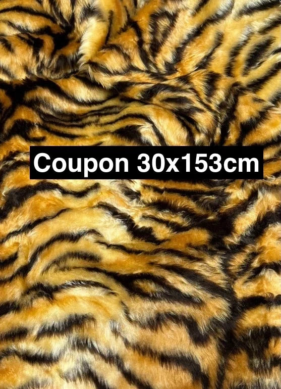 Coupon tissu fausse fourrure douce, et légère à mi-poils longs imprimé marron et jaune 30cm x 153cm