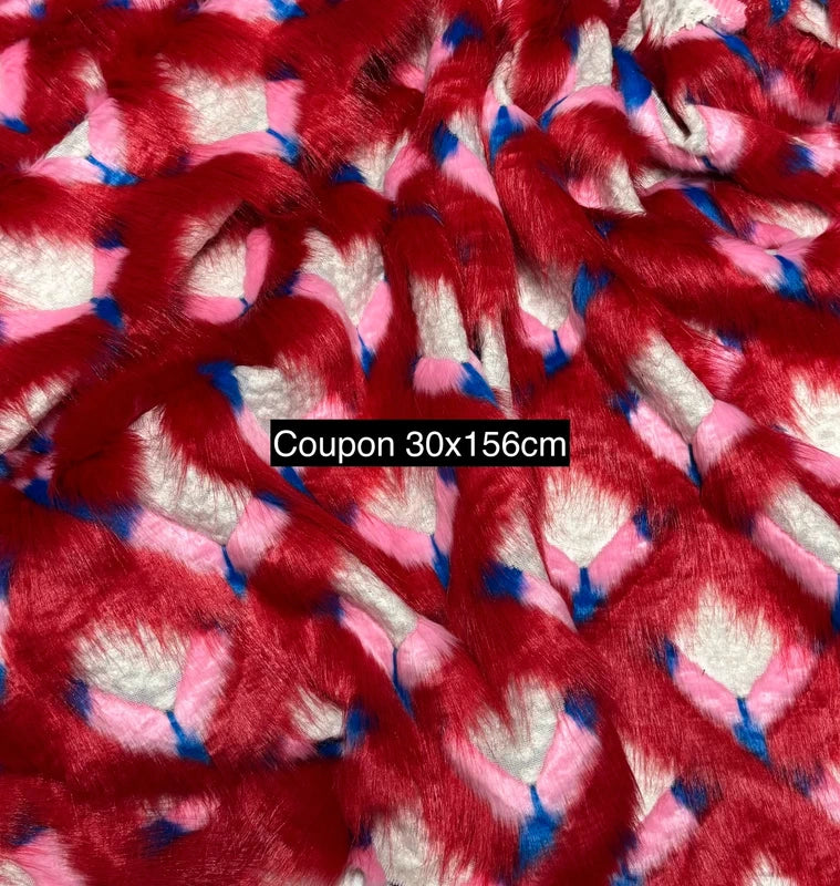 Coupon fausse fourrure originale texturé à poils mi-longs rouge bleu blanc 30cm x 156cm