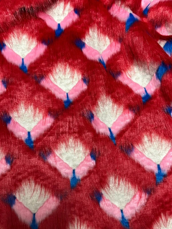 Coupon fausse fourrure originale texturé à poils mi-longs rouge bleu blanc 30cm x 156cm