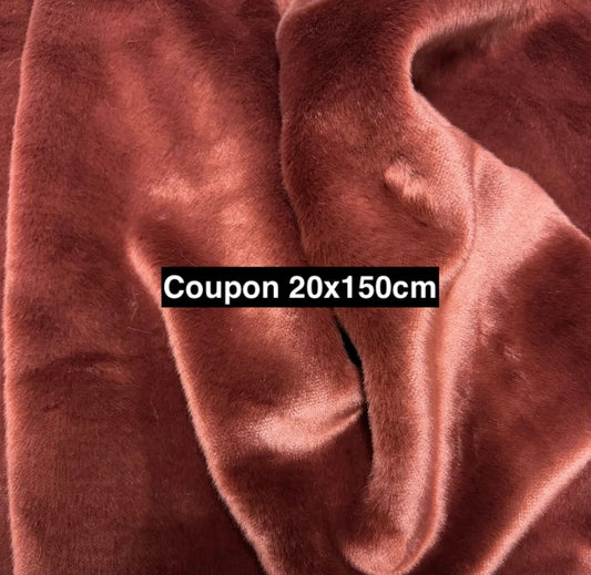 Coupon tissu fausse fourrure très douce et de qualité à poils mi-longs marron cuivré 20cm x 150cm