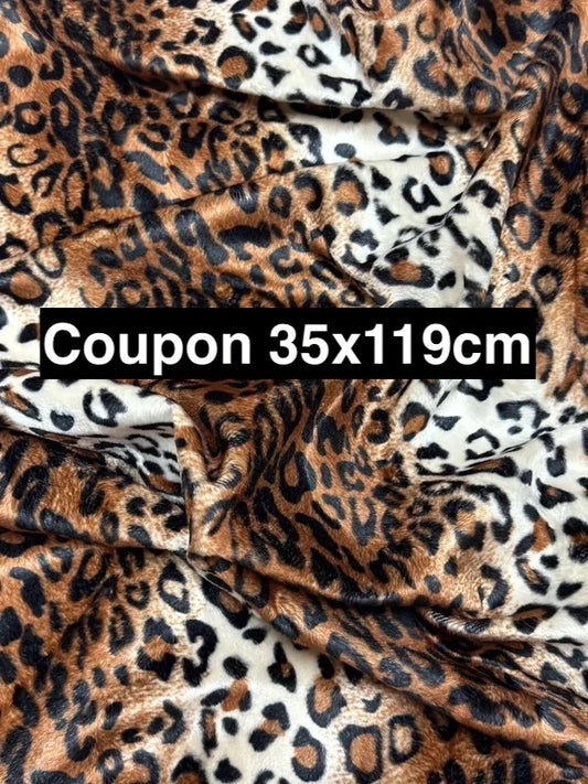 Lightweight, short-pile faux fur fabric remnant in brown, black, and beige print, 35cmx119cm