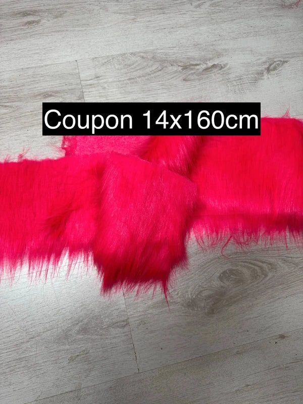Coupon tissu fausse fourrure légère à poils longs rose fluo 14cm x 160cm