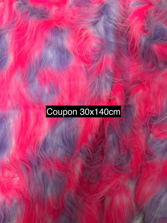 Coupon tissu fausse fourrure douce légère à poils longs violet rose blanc 30cm x140cm