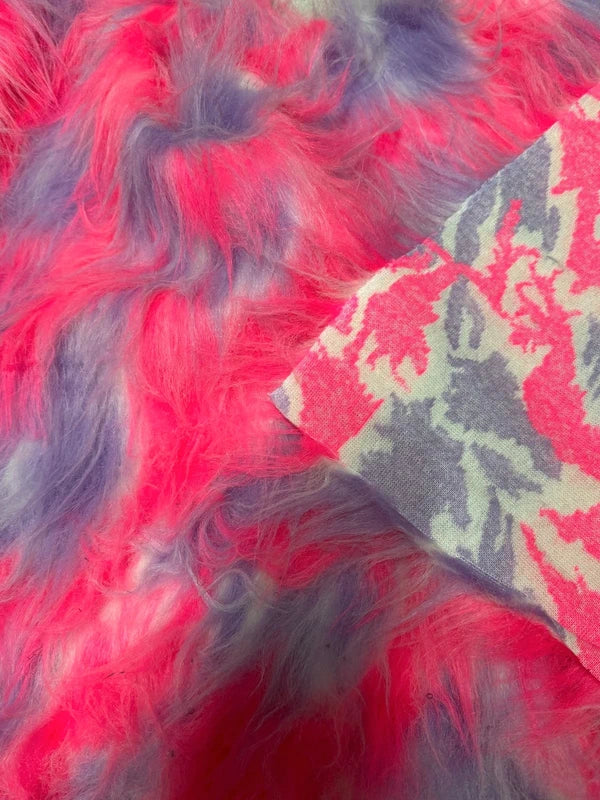 Coupon tissu fausse fourrure douce légère à poils longs violet rose blanc 30cm x140cm