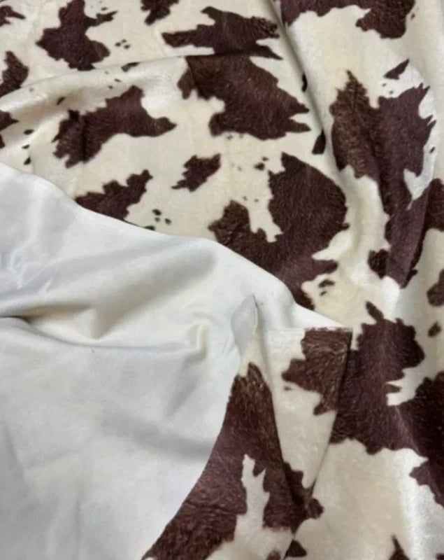 Coupon tissu fausse fourrure légère à poils ras imprimée marron beige 37x154cm